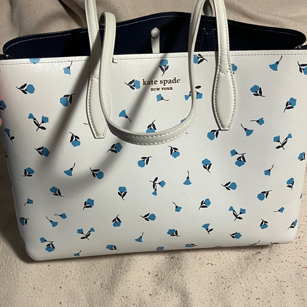 Kate Spade White Tote with Blue Floral Design with free gift